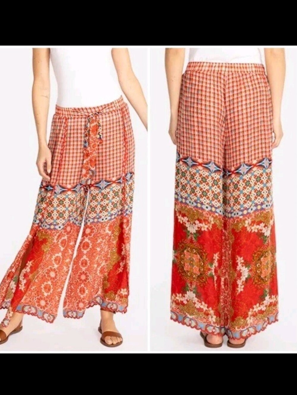 Johnny Was Tura Wrapped Wide Leg Pants Red Multi-Pattern Boho Size Medium